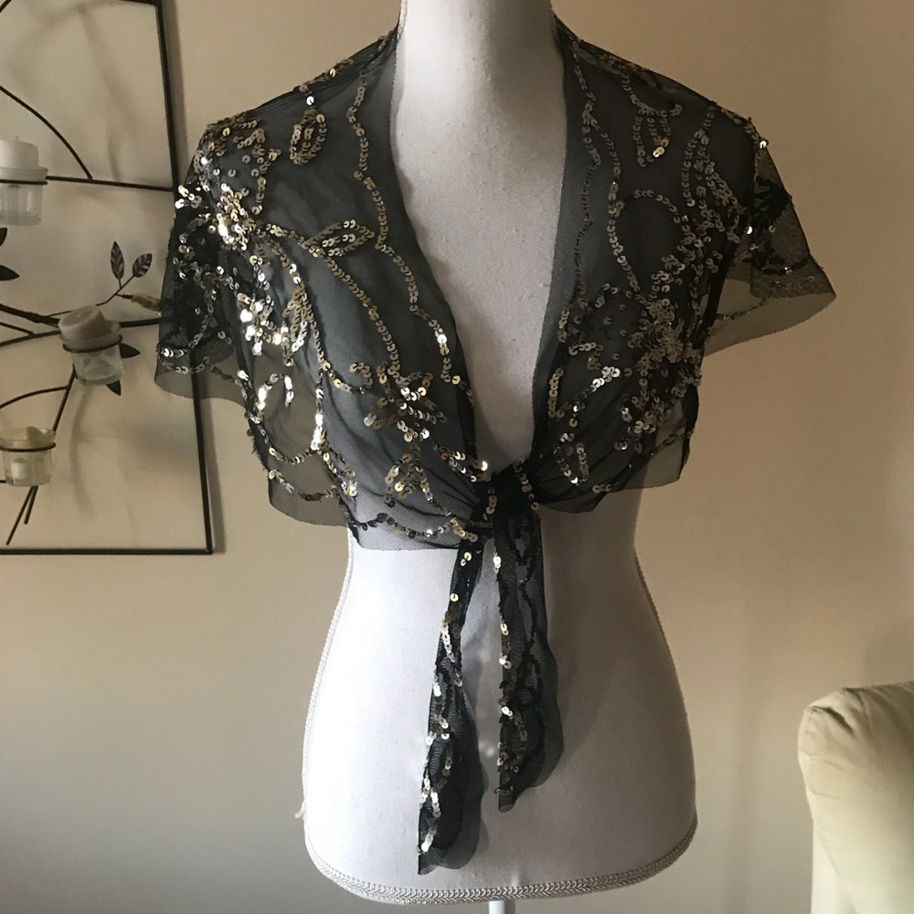 BCBG Vintage Sheer Black Wrap Tie Capelet with Sequin Detail One Size Evening